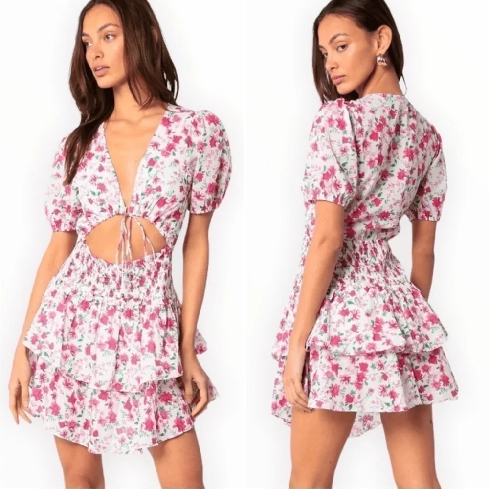 PINK Floral Smocked Waist Tie Front Tiered Ruffle Hem Cutout Dress Medium NWT